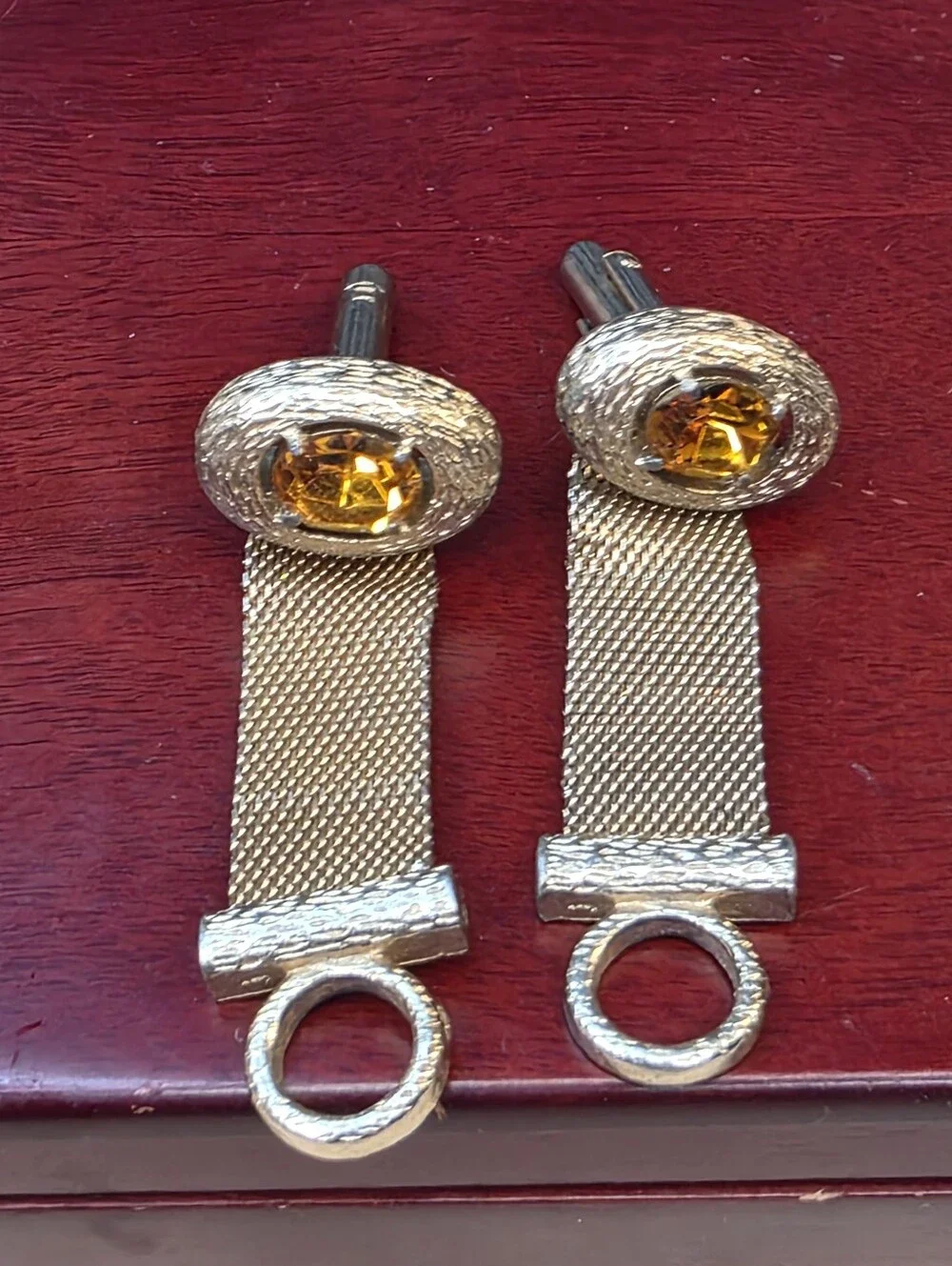 Vintage Cufflinks Dante Amber Brown Faceted Stone Wrap Around Mesh Gold-tone MCM